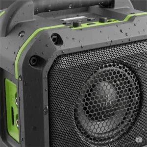 Close-up of a durable, waterproof outdoor bass speaker, designed to withstand all weather conditions.