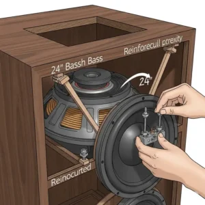 "Illustration of a 24 inch bass speaker being installed into a custom subwoofer cabinet."