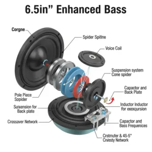 Diagram illustrating the key internal components of 6.5-inch speakers, optimized for enhanced bass performance.