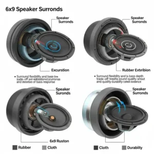 Visual representation of different speaker surround types on 6x9 car speakers with best bass, explaining how they impact bass performance and excursion.