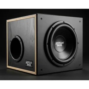 American Bass subwoofer professionally mounted in a custom-built ported enclosure, demonstrating ideal air displacement for powerful bass.