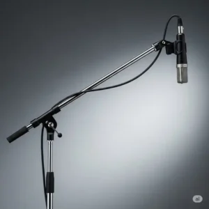 Adjustable boom arm of a bass drum mic stand, extended for precise microphone positioning inside or outside the kick drum.