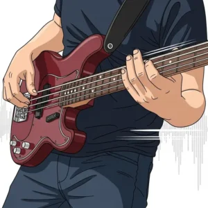 A vector illustration of a person playing a four-string electric bass guitar, which is often played alongside a bass and acoustic guitar.