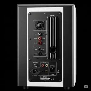"Rear view of a meticulously engineered audio ports for enhanced sound dispersion. b&w bass speaker."