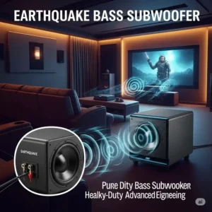 Illustration of an earthquake bass speaker integrated into a modern home theater setup, delivering immersive low-frequency sound.