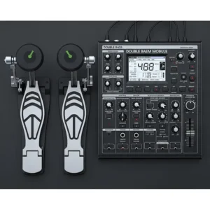 The central electronic drum module, illustrating its inputs and controls specifically designed to accommodate a double bass electronic drum set configuration.