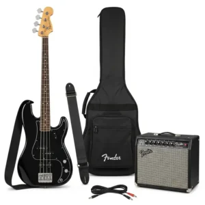 Complete Fender bass guitar package for sale, including an amplifier, strap, and gig bag.