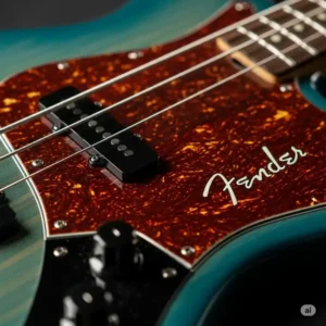 "Close-up view of a Fender Jazz Bass pickguard, showing its high-quality material texture."