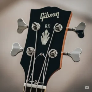 Detailed image of the headstock of a Gibson RD bass, showing the Gibson logo and tuners.