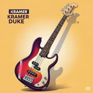 Stylized illustration of a classic Kramer Duke bass, known for its compact body and powerful sound, perfect for bass players seeking portability.