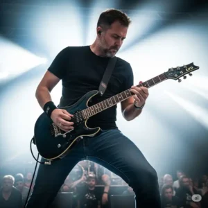 Musician playing an LTD electric guitar live on stage, demonstrating the instrument's performance capabilities.