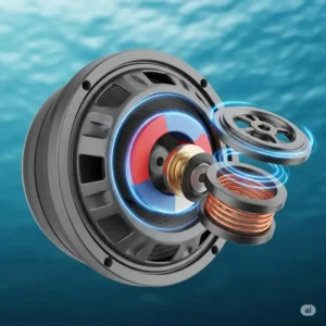 Internal components of a marine bass speaker, highlighting the durable cone, powerful magnet, and robust voice coil engineered for exceptional bass response in marine conditions.