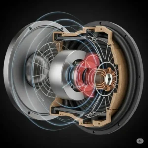 "Detailed cutaway view revealing the internal components of a mid bass speakers, including the voice coil, magnet, and cone, essential for producing rich sound."