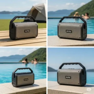 Lightweight and portable outdoor bass speaker with a handle, ideal for camping, beach trips, or poolside use.