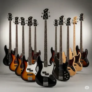 An impressive collection of various Reverend bass models displayed in a studio, illustrating their diverse finishes and body shapes.