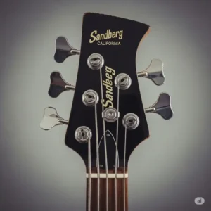 Detailed view of the Sandberg California bass guitar headstock with tuning machines, emphasizing the brand's logo and vintage aesthetic. This is a key feature of a sandberg bass california.
