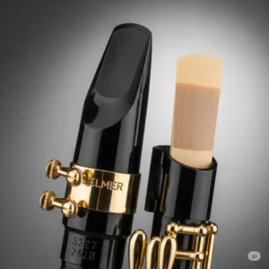 Detailed shot of a Selmer bass clarinet mouthpiece with a ligature and reed, emphasizing the precision of its components.