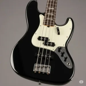 View of the Squier J Bass body and single-coil pickups, emphasizing its iconic shape and versatile tone.