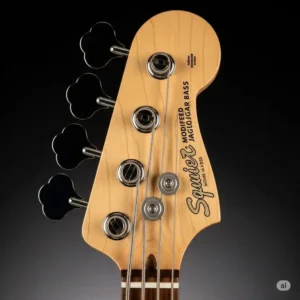 Detailed shot of the Squier Modified Jaguar Bass headstock with tuning pegs and logo clearly visible.