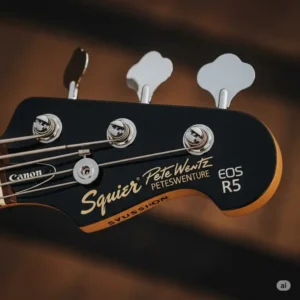 Close-up of the headstock on the Squier Pete Wentz Signature Precision Bass, featuring Pete Wentz's signature.