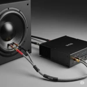 Speaker cable connecting a high-performance subwoofer to an amplifier, highlighting the ideal setup for rich bass.