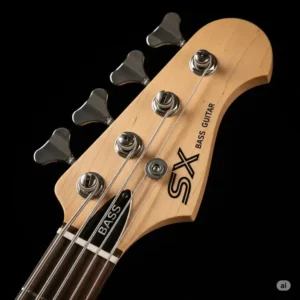 "Detailed view of an SX bass guitar headstock with tuning pegs, emphasizing the brand's logo and quality craftsmanship."