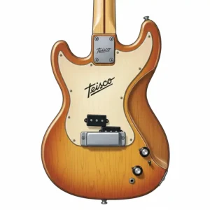 Illustration detailing the distinctive body shape of a classic Teisco bass, known for its various unique contours.