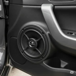 A 6.5-inch car speaker seamlessly installed within a vehicle's door panel, demonstrating fit for deep bass.


