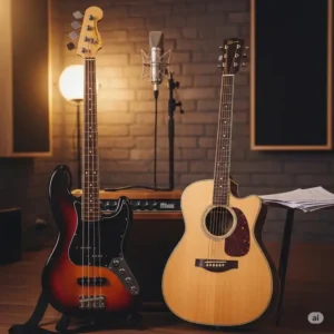 A graphic depicting a bass and acoustic guitar standing side by side in a music studio, with a microphone in the background.