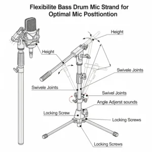 Diagram illustrating the height and angle adjustability of a bass drum mic stand, allowing for versatile microphone placement.