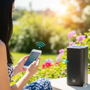 Bluetooth-enabled outdoor bass speaker wirelessly connected to a smartphone, showing easy setup and streaming capabilities.