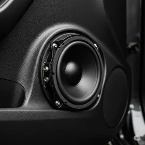 "Mid bass speaker professionally installed in a car door panel, demonstrating a common setup for enhanced in-car audio performance, featuring mid bass speakers."