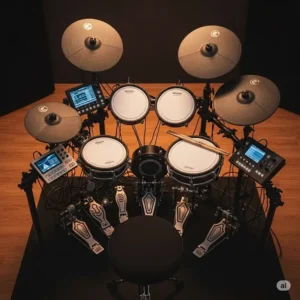 An overhead perspective of a complete double bass electronic drum set arrangement, showing the drum pads, cymbals, and dual bass pedals in a performance ready setup.