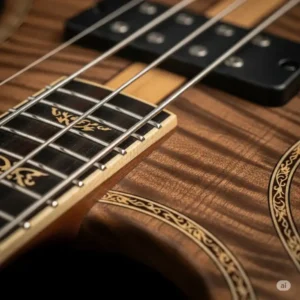 Close-up of the beautiful wood grain and intricate inlay on a high-end Cort Artisan bass, showcasing its premium materials and sophisticated design.