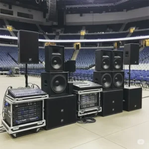 An EV professional audio system featuring integrated 18-inch ev bass speakers 18, set up for live event sound reinforcement.