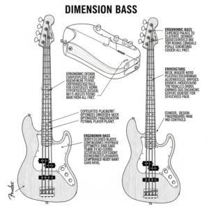 "Diagram illustrating the ergonomic design and comfortable playability of the Fender Dimension Bass, emphasizing its contoured body for easy access to all frets."