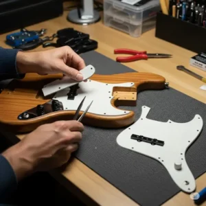 "Beginning the installation process of a new Fender Jazz Bass pickguard on a bass guitar body."
