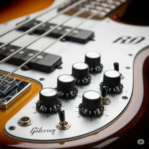 Close-up of the control knobs and switches on a Gibson RD bass, emphasizing its versatile tone shaping options.