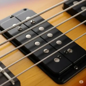 Detailed view of the humbucking pickups on a Gibson Ripper bass, known for their powerful tone.