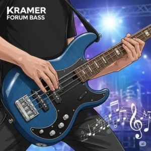 Illustration of a Kramer Forum bass in action, emphasizing its sleek design and versatile electronics, suitable for various music genres.