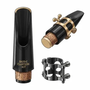 Illustration of a low C bass clarinet mouthpiece and ligature, essential components for producing the instrument's characteristic tone.