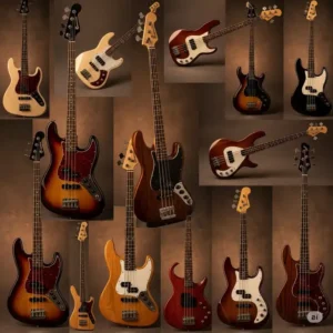 A collection of various LTD bass guitar models, showcasing the diverse range of body shapes and finishes available.