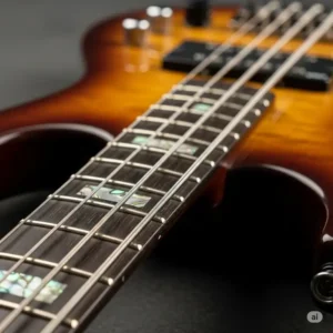 A detailed look at the smooth fretboard and intricate inlays on a Schecter Diamond Series bass guitar.
