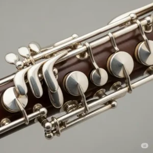 Close-up of the complex silver-plated keywork on a Selmer bass clarinet, illustrating its ergonomic and mechanical features.