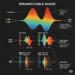 Informative diagram explaining how speaker cable gauge influences bass quality and overall audio clarity.
