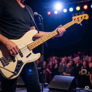 A Squier J Bass being played by a musician on stage during a live performance, demonstrating its playability and stage presence.