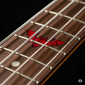 Detailed shot of the distinctive red bat/heart inlay on the fretboard of the Squier Pete Wentz Signature Precision Bass.