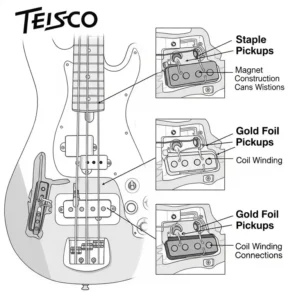 Diagram illustrating different types of pickups found on Teisco bass guitars, such as staple or gold foil pickups.
