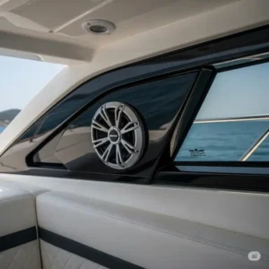 Waterproof and UV-resistant marine bass speaker, built to withstand harsh marine elements like salt spray and sunlight, ensuring long-lasting performance.