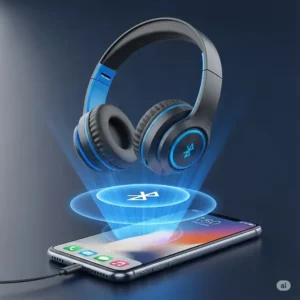 Graphic depicting wireless bass headphones connected via Bluetooth to a smartphone, emphasizing seamless connectivity.